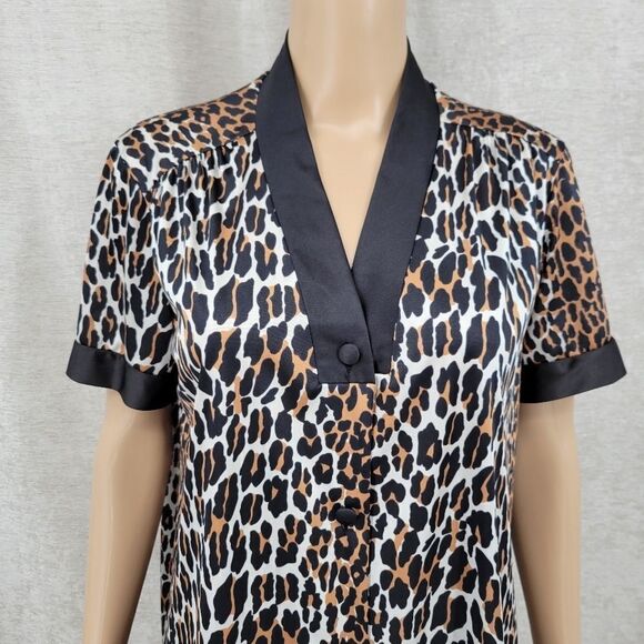 Vanity Fair Leopard Top Button Front Short Sleeve Vneck 70s Vintage Mobwife - Picture 2 of 8